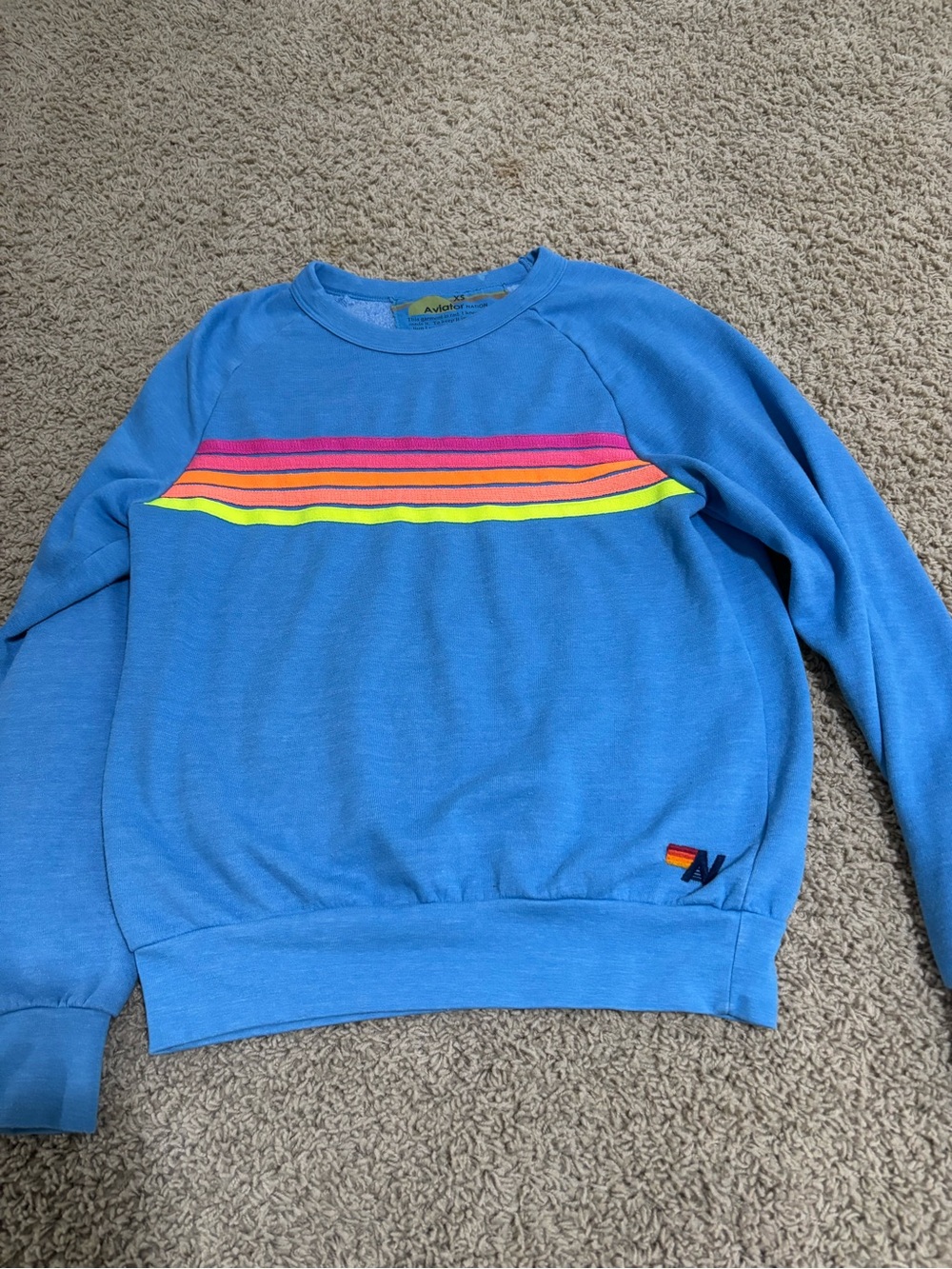 Aviator Nation Blue Sweatshirt with Pink Orange Yellow Stripe
